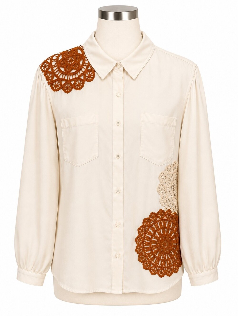 Canyon Retreat Women's Ivory Crochet Long Sleeve Button Down Shirt 3X Lyocell